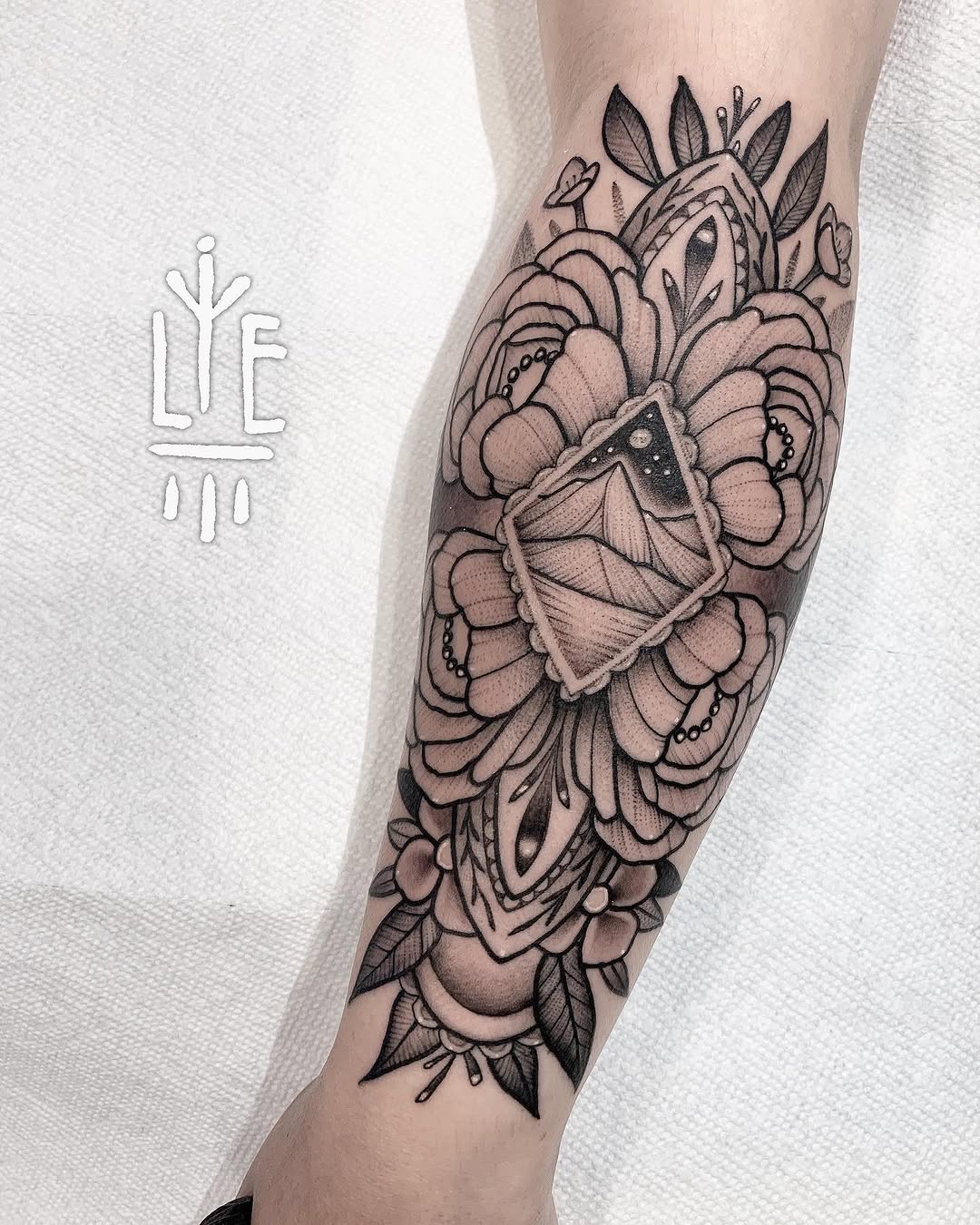 Tattoo by @feraleyes — black_and_grey, ornamental