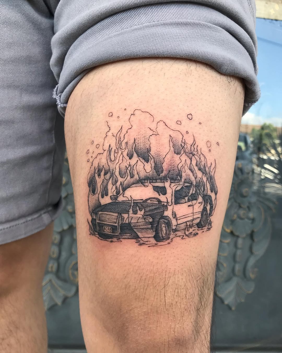 Tattoo by @pineneedlestattoo — trash_polka, black_and_grey