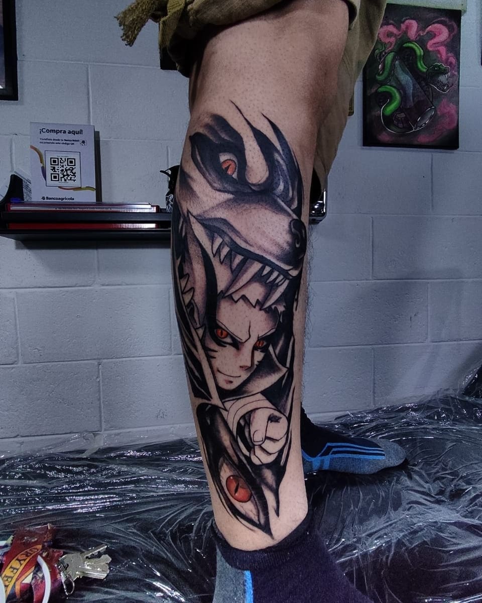 Tattoo by @alvinlouceltattooer — anime, black_and_grey