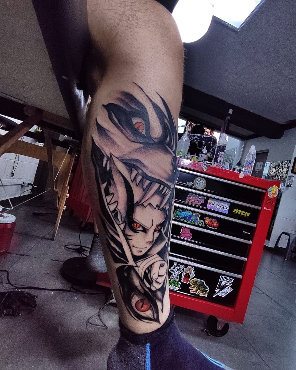 Tattoo by @alvinlouceltattooer — anime, black_and_grey