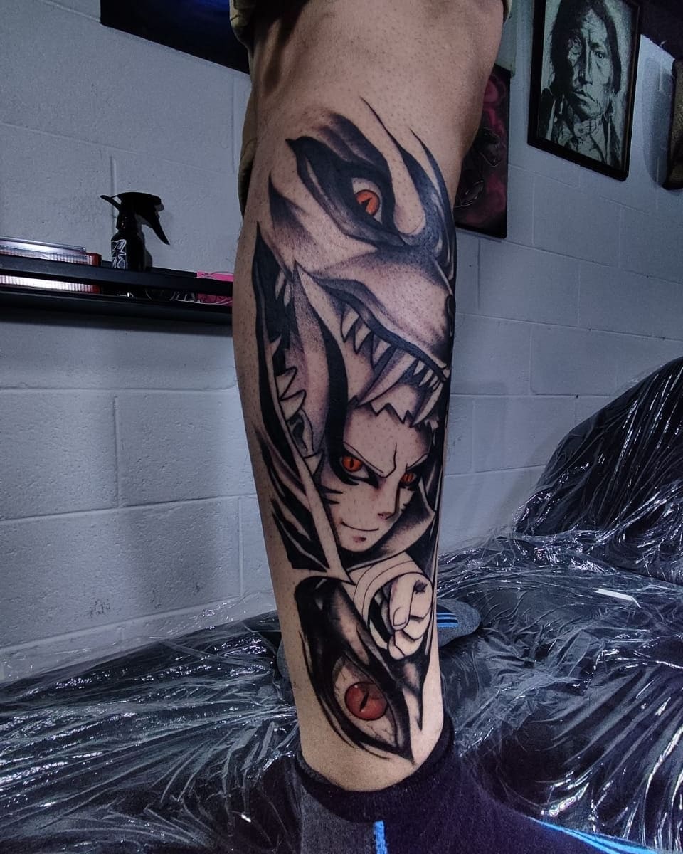 Tattoo by @alvinlouceltattooer — anime, black_and_grey