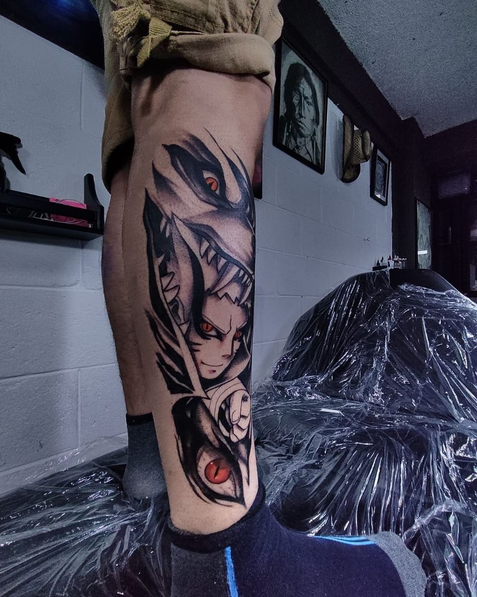 Tattoo by @alvinlouceltattooer — anime, black_and_grey