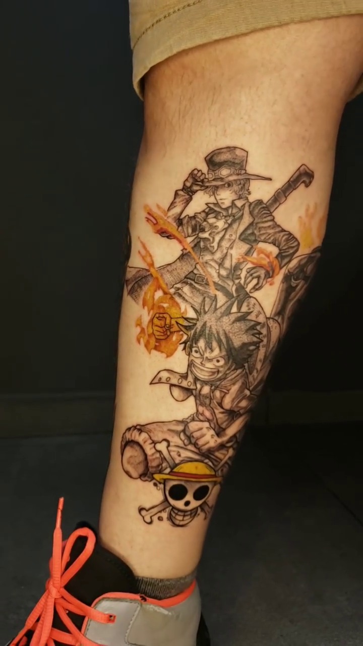 Tattoo by @alvinlouceltattooer — anime, black_and_grey