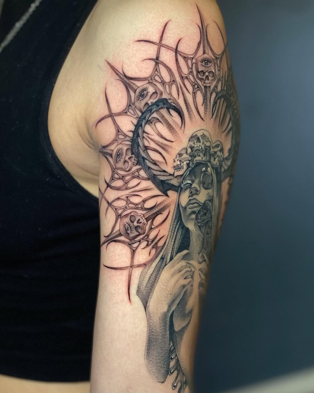 Tattoo by @cynnerrr — dark_realism, blackwork