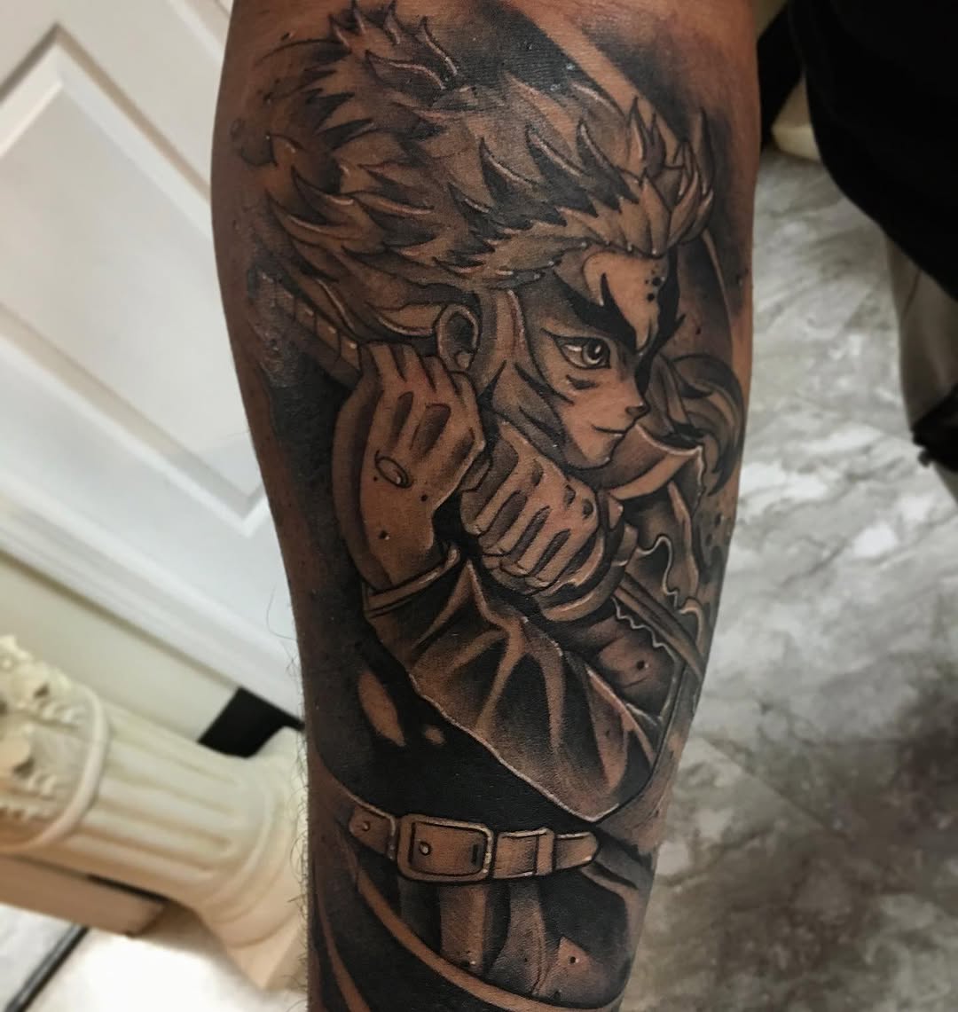 Tattoo by @codywolfetattoo โ anime, black_and_grey