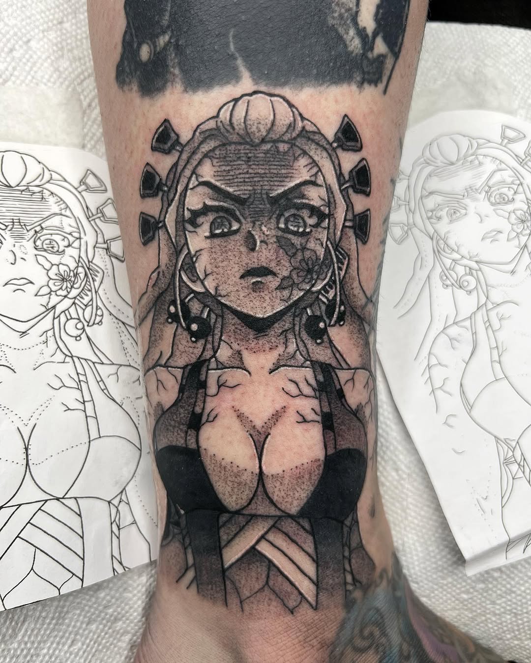 Tattoo by @luckyleftytattoos — anime, black_and_grey