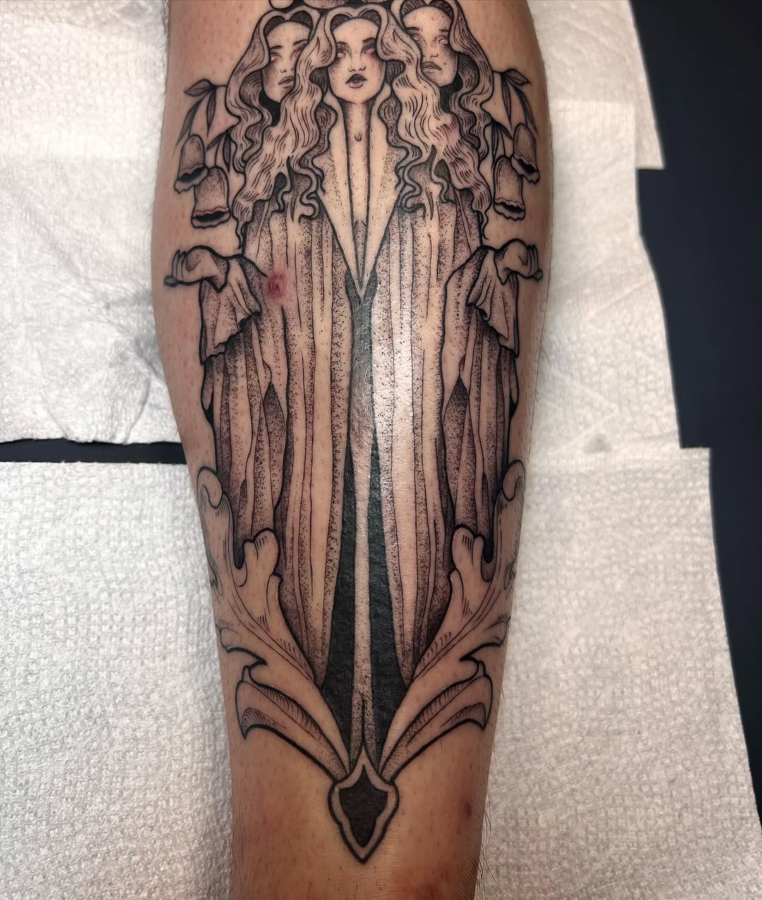 Tattoo by @mamabeartattooer — dotwork, black_and_grey