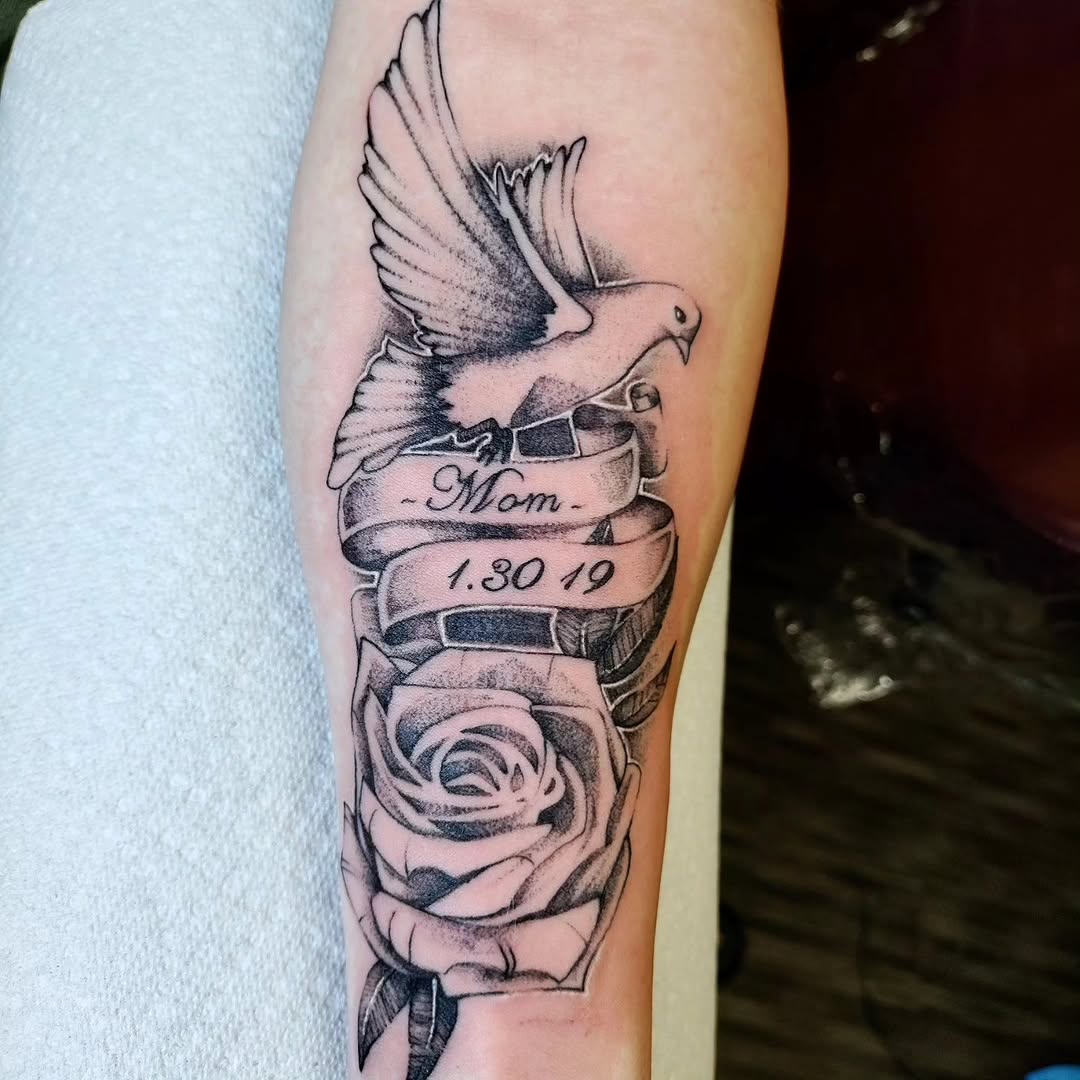 Tattoo by @harvest_moon_tattoos — black_and_grey, lettering_script
