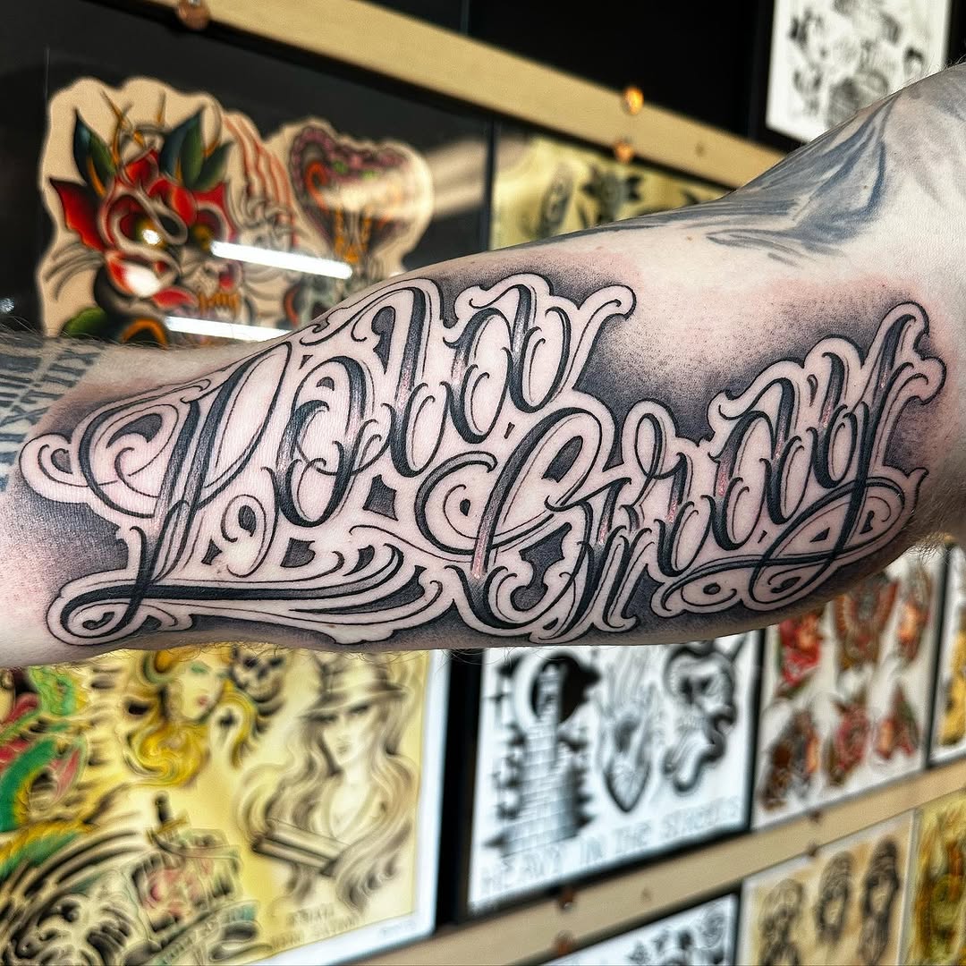 Tattoo by @dirtyletters937 — lettering_script, black_and_grey