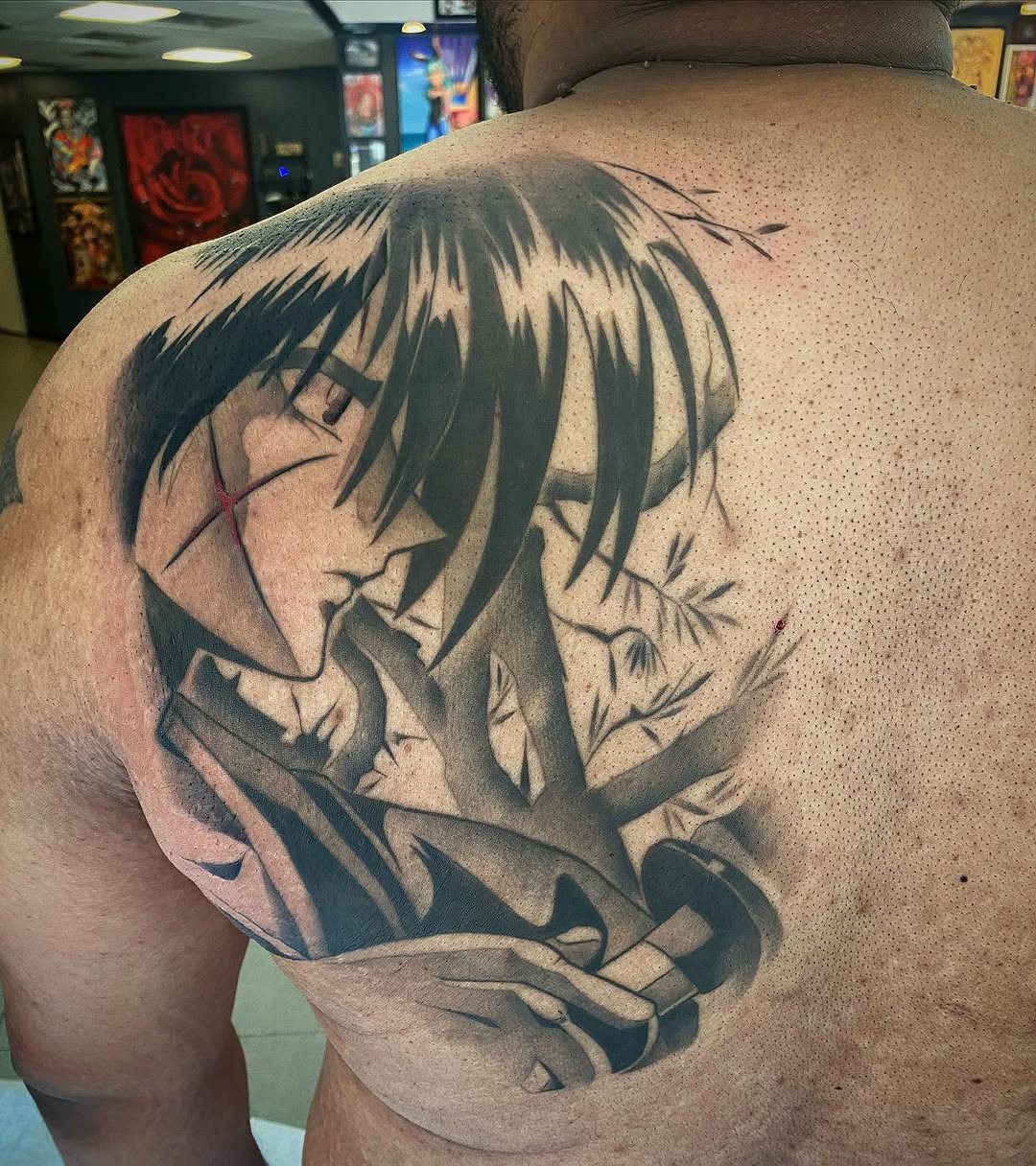 Tattoo by @codywolfetattoo โ anime, black_and_grey