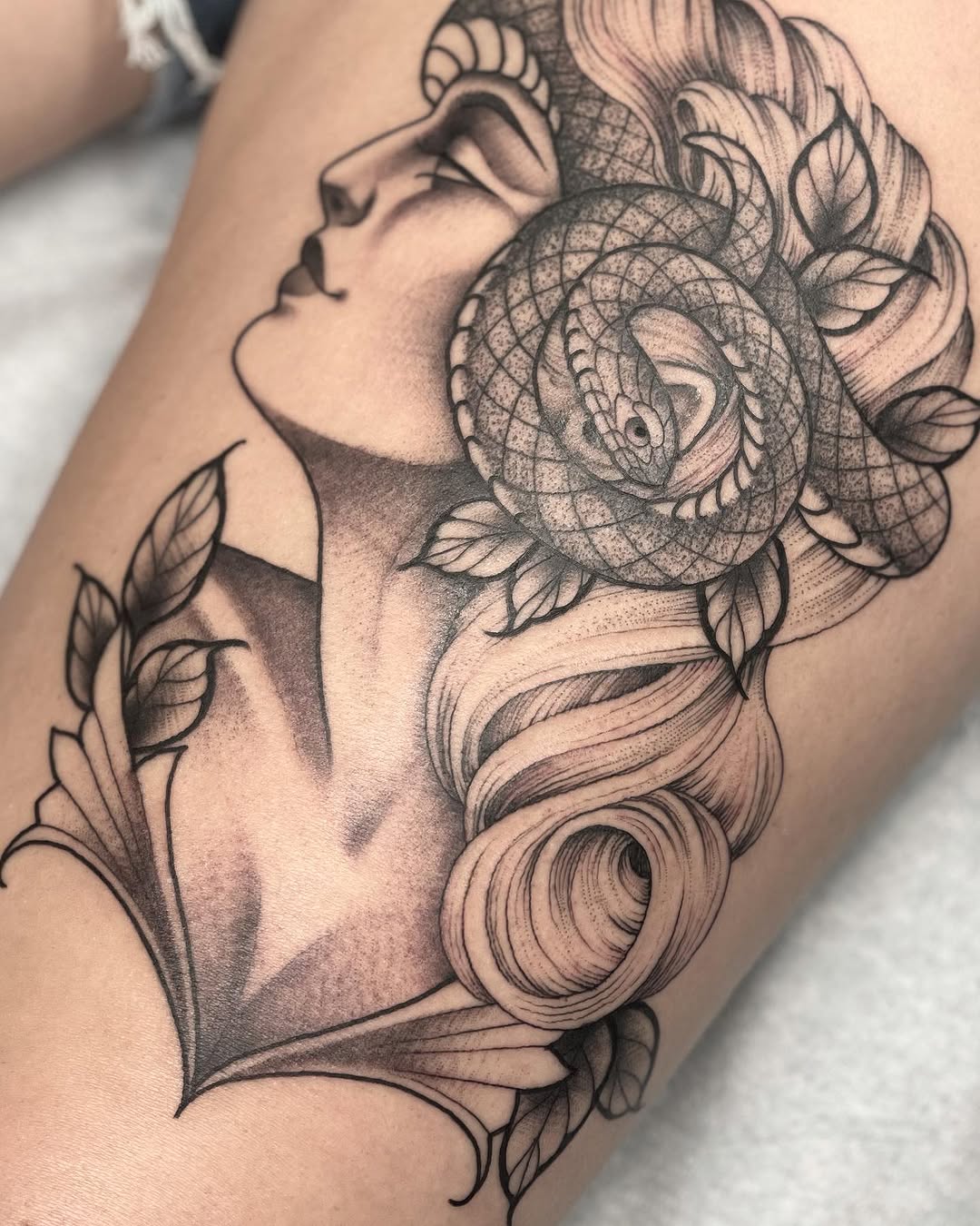 Tattoo by @amandamarietattoo — illustrative, black_and_grey