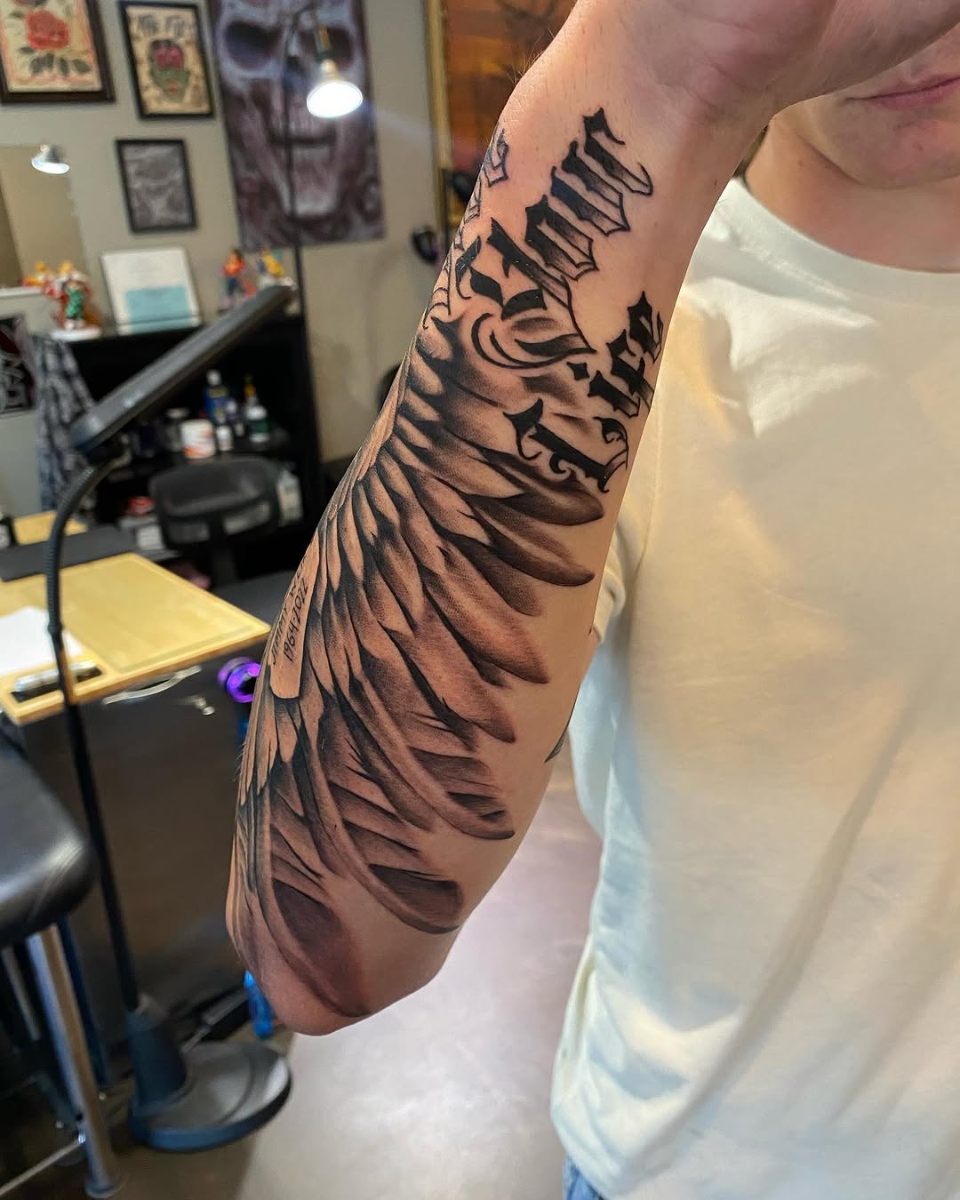 Tattoo by @codywolfetattoo โ black_and_grey, lettering_script