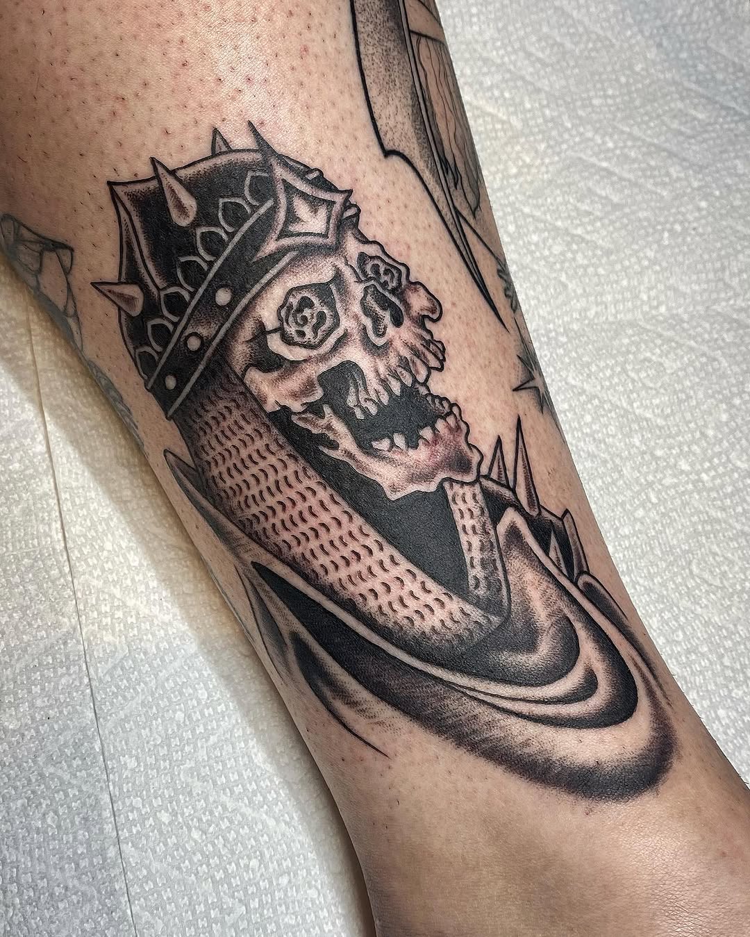 Tattoo by @morgana.sutherland — black_and_grey, dark_realism