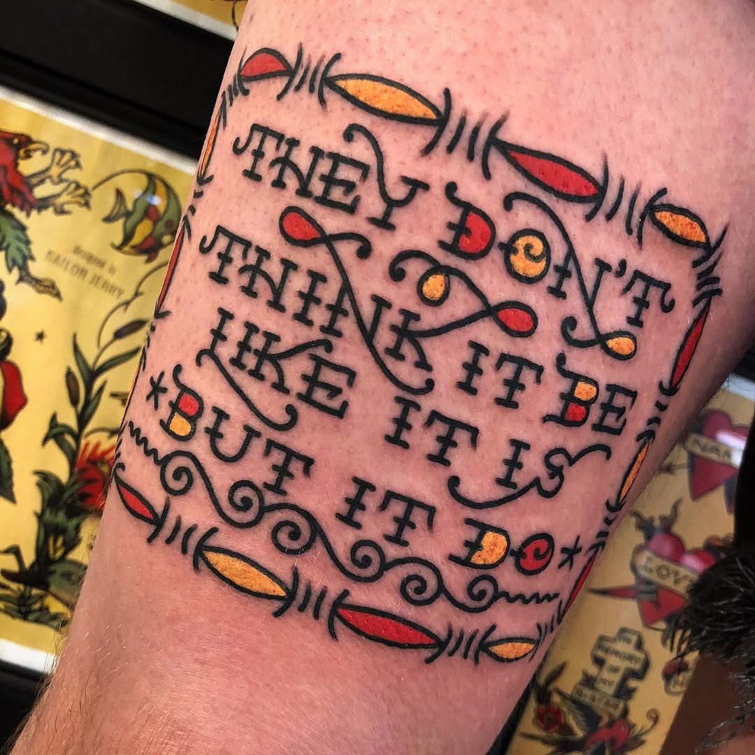 Tattoo by @tristan.bradshaw.tattooing — lettering_script, american_traditional