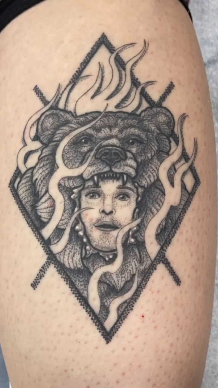 Tattoo by @scruffy_tattooer — dotwork, black_and_grey
