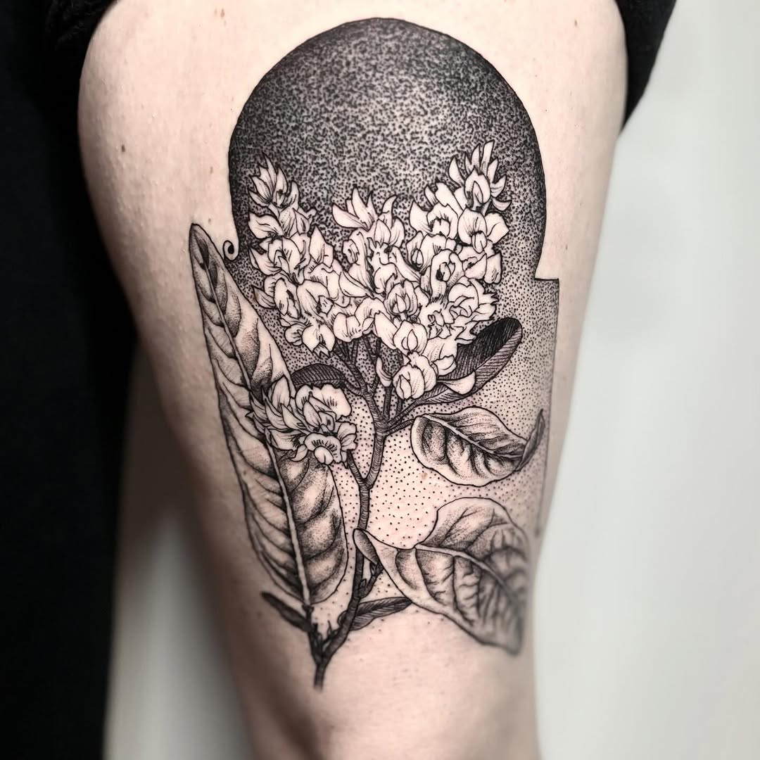 Tattoo by @eujeanmean — dotwork, illustrative