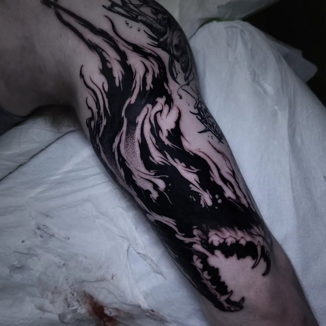 Tattoo by @boxofguts — blackwork, dark_realism