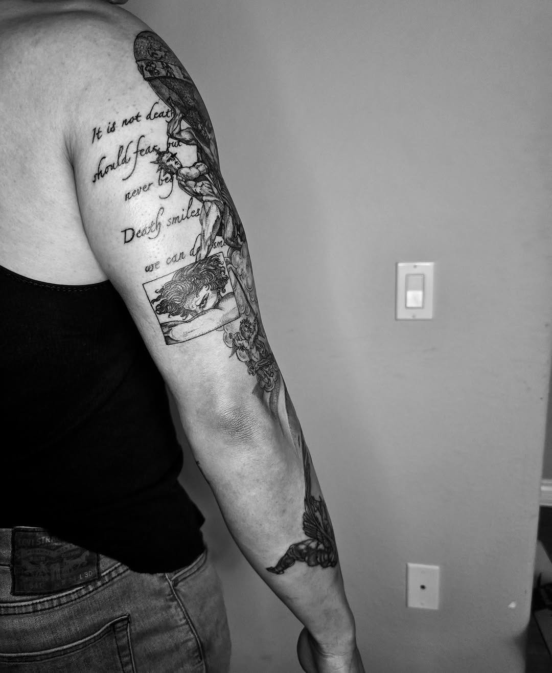 Tattoo by @quinstattoos — lettering_script, black_and_grey