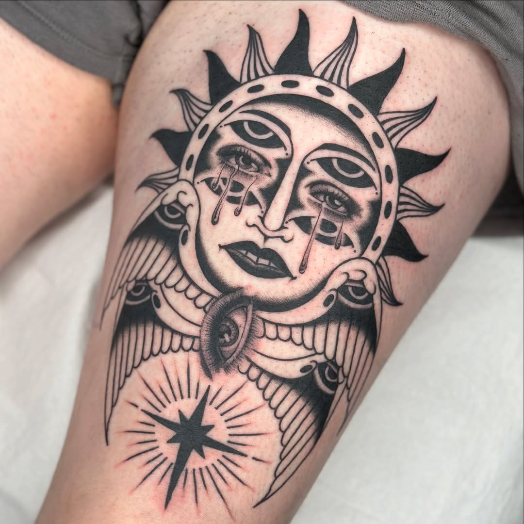 Tattoo by @sarahxtinetattoo — blackwork, illustrative