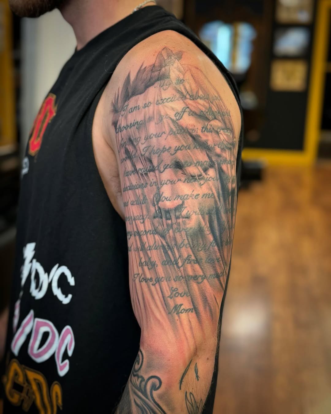 Tattoo by @bishoptattoos — black_and_grey, lettering_script