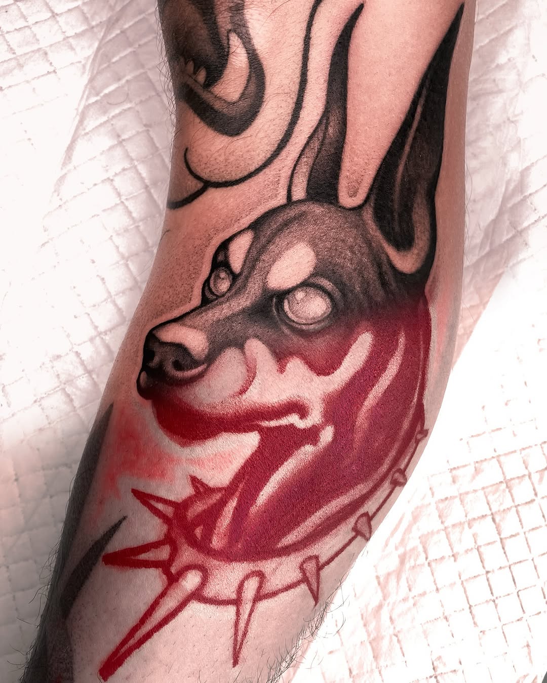 Tattoo by @kairo.tattooer — black_and_grey, trash_polka
