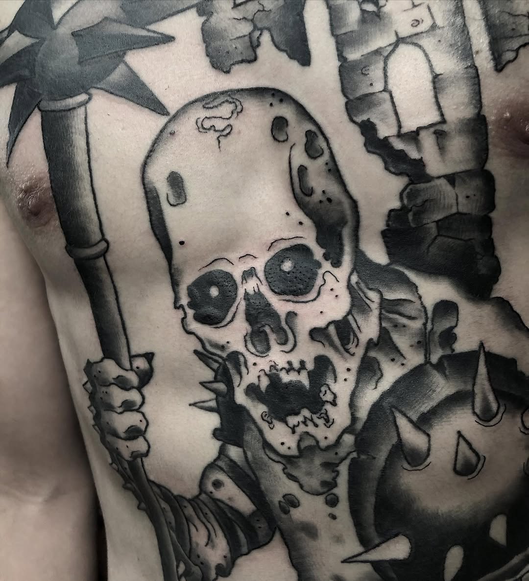 Tattoo by @the.sprouler — black_and_grey, dark_realism