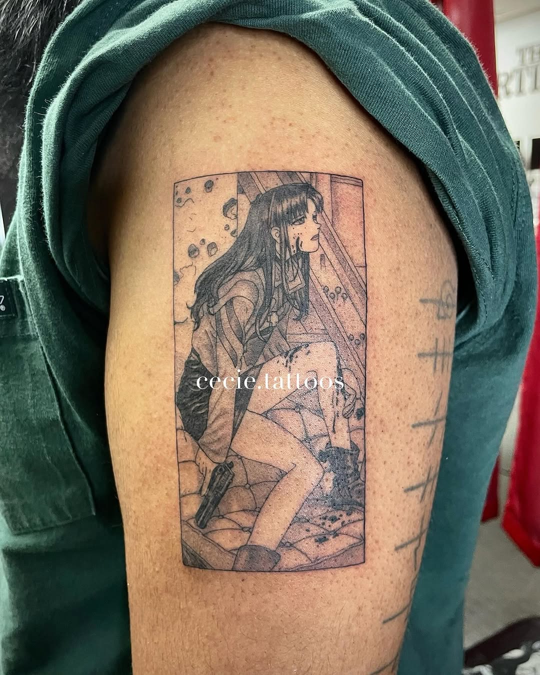 Tattoo by @cecie.tattoos — anime, black_and_grey
