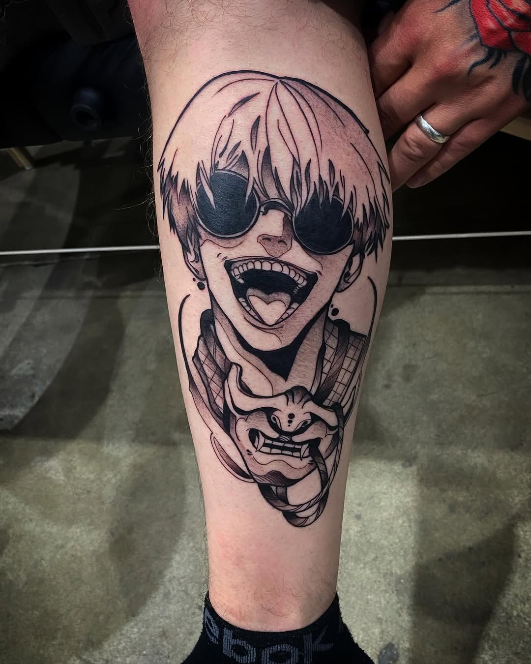 Tattoo by @codywolfetattoo โ anime, black_and_grey