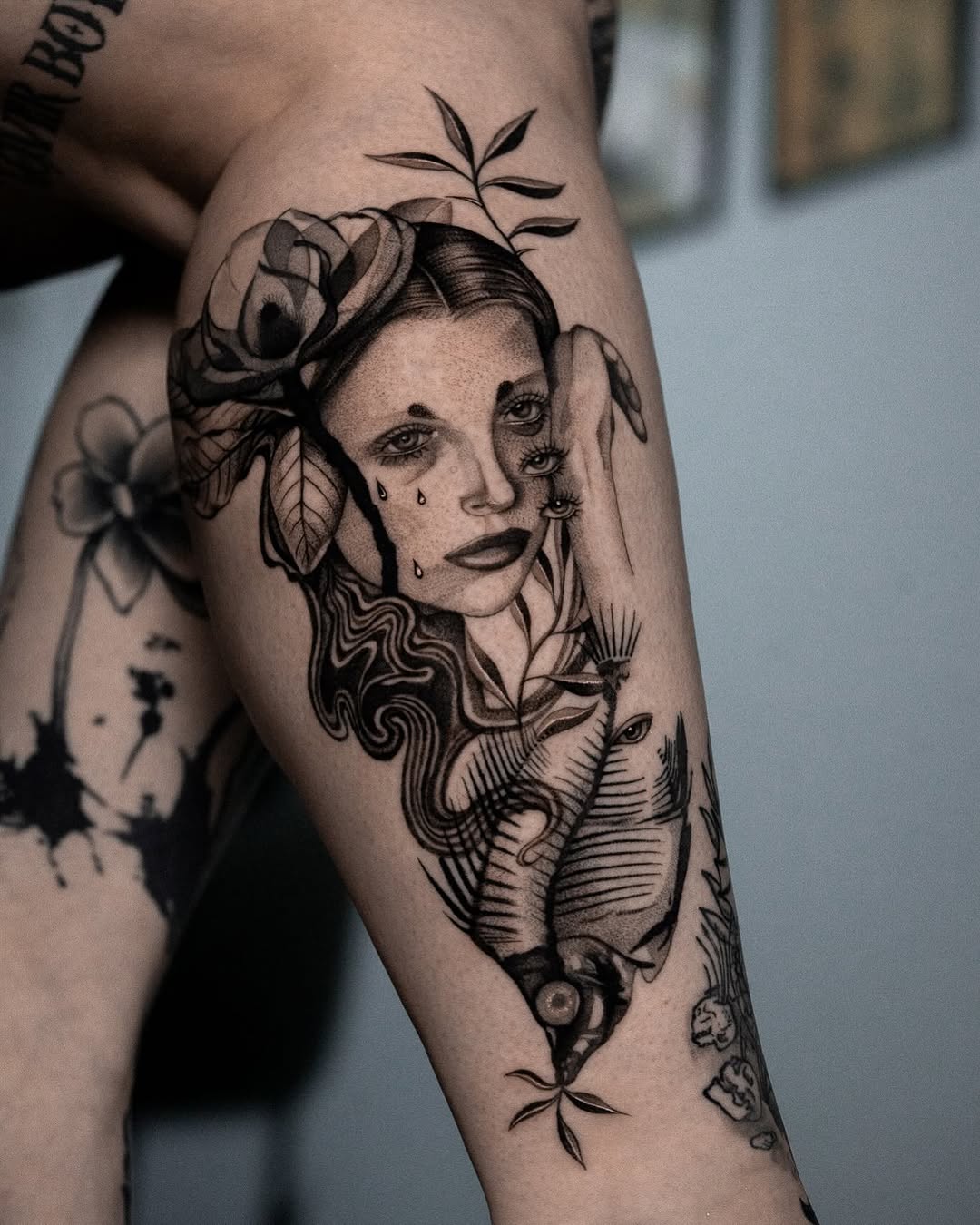 Tattoo by @bluebird.ink β black_and_grey, dark_realism
