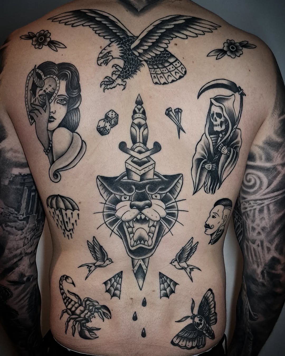 Tattoo by @divinemacabre โ american_traditional, black_and_grey