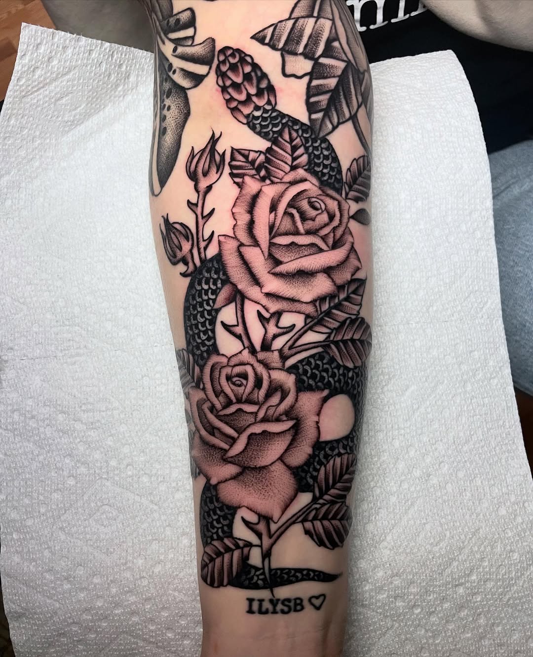 Tattoo by @twodeadfeet — black_and_grey, illustrative