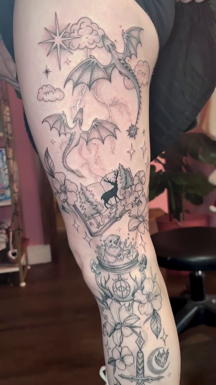 Tattoo by @charlotteannetattoos — illustrative, black_and_grey
