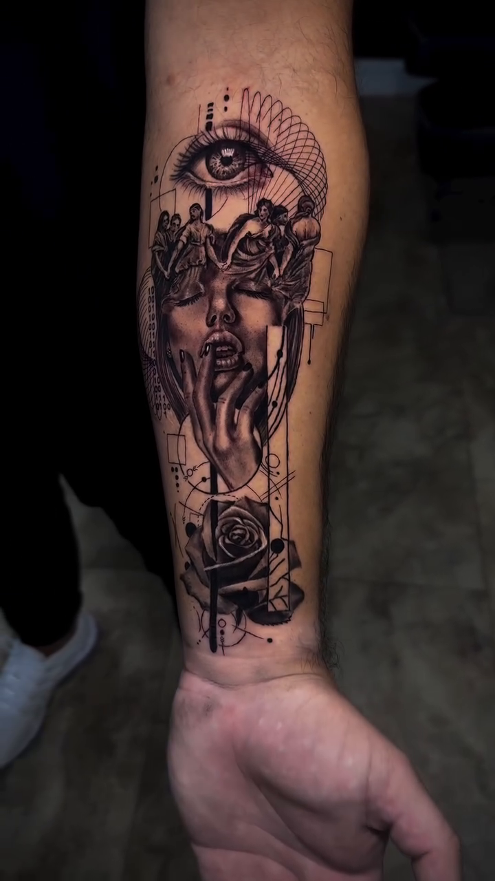 Tattoo by @grimlayertattoo — dark_realism, geometric