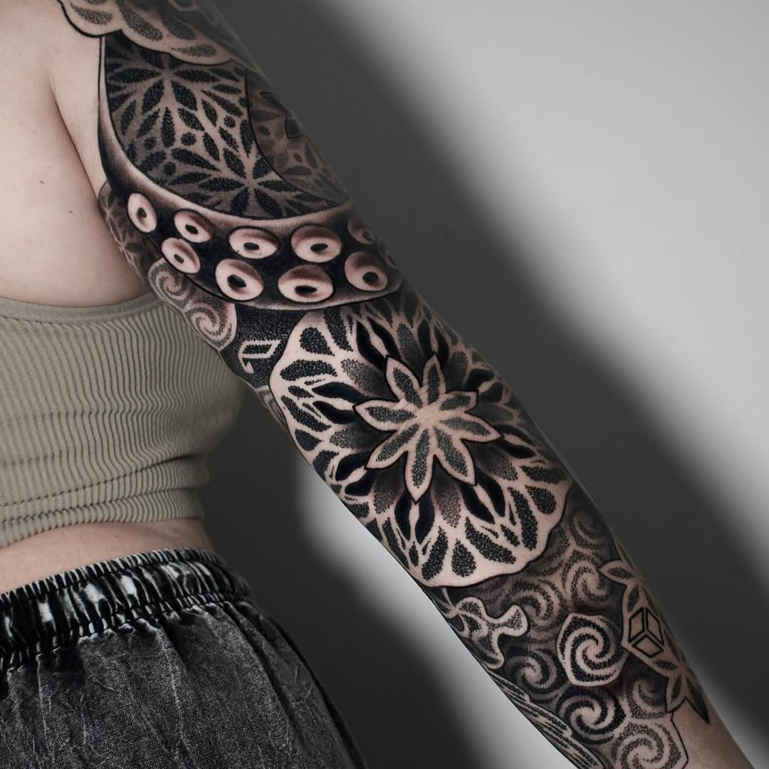 Tattoo by @ericharetattoo — dotwork, geometric