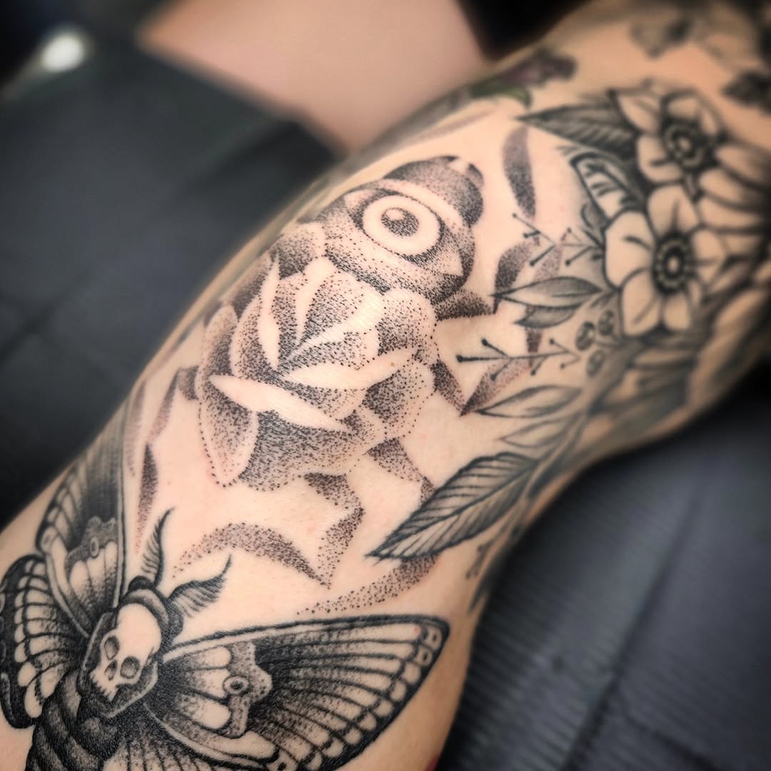 Tattoo by @kz.tattoos — dotwork, black_and_grey