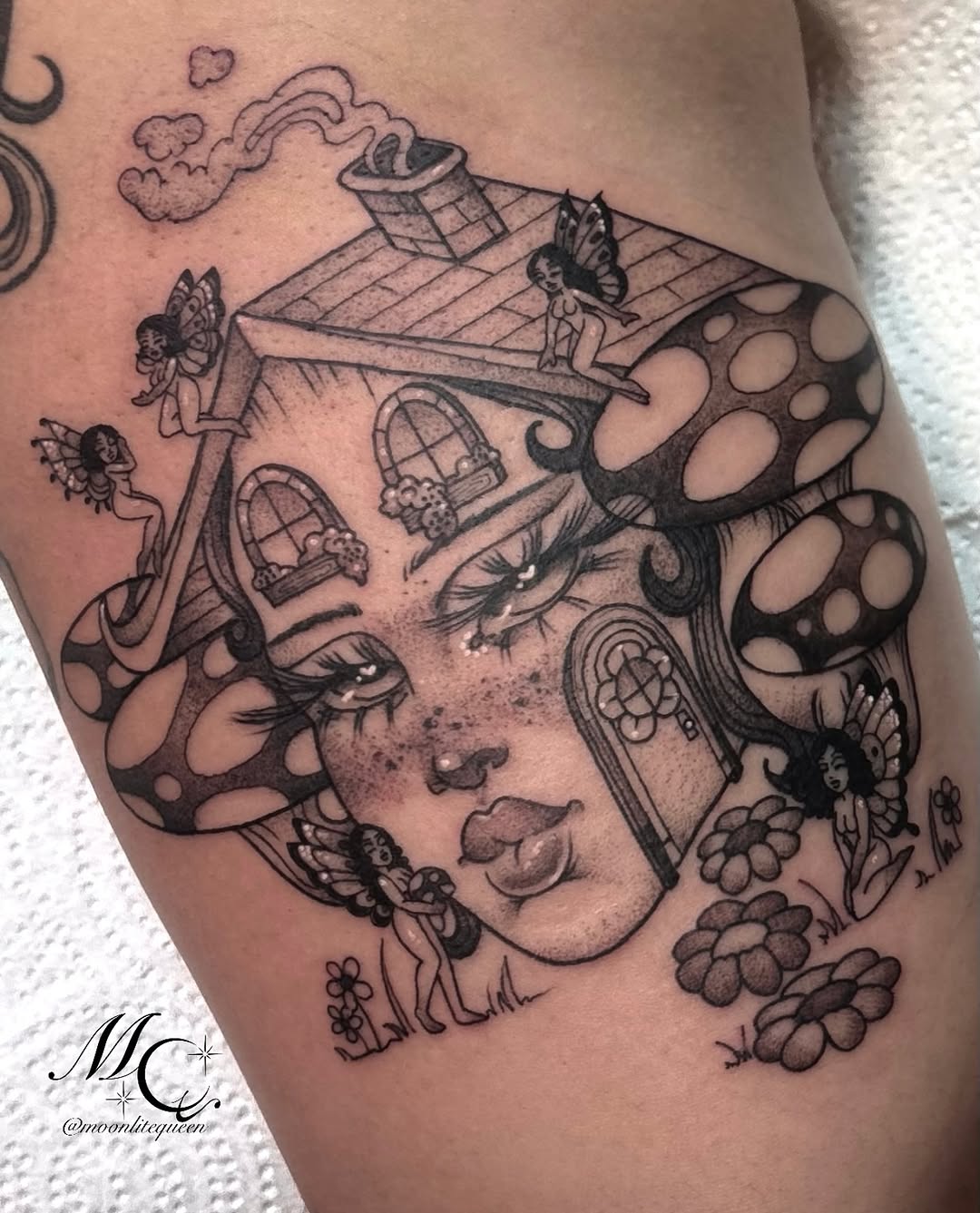 Tattoo by @moonlitequeentattooist — black_and_grey, illustrative