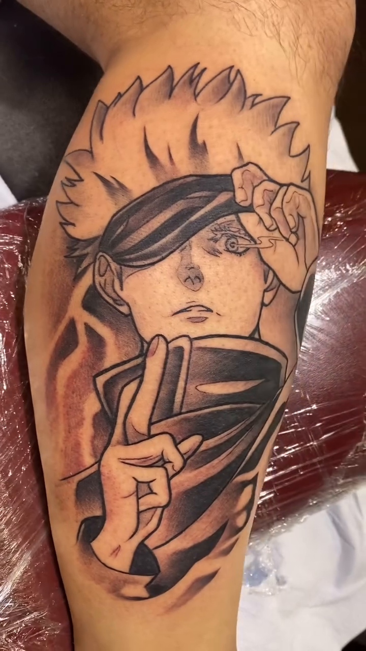 Tattoo by @codywolfetattoo โ anime, black_and_grey
