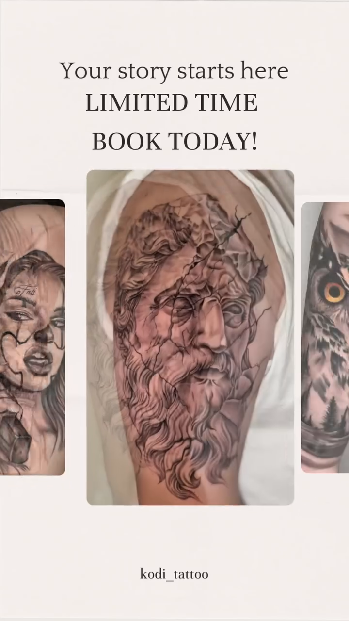 Tattoo by @kodi_tattoo — realism, black_and_grey