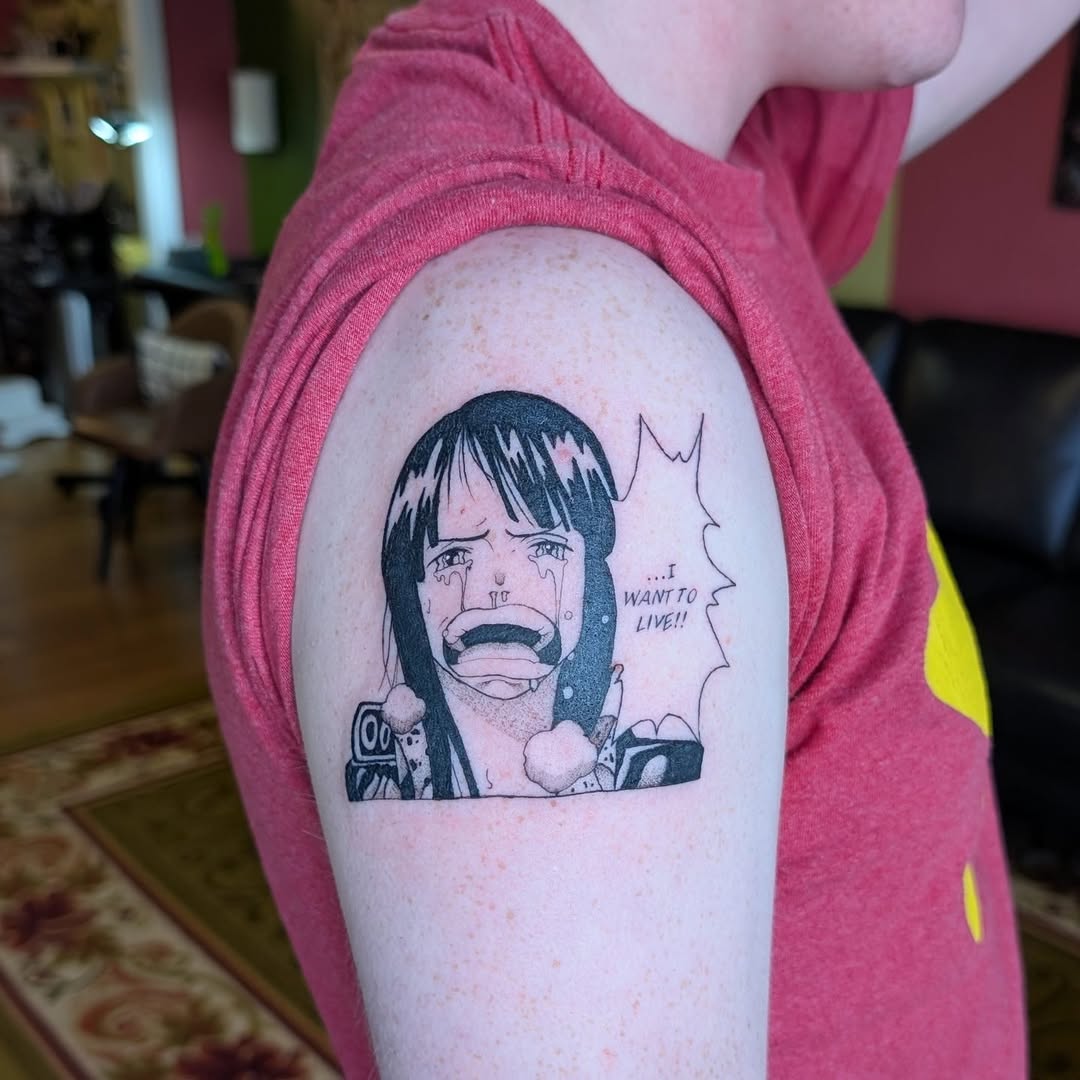 Tattoo by @randi.ink — anime, black_and_grey