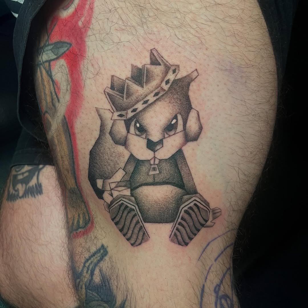 Tattoo by @vapidstar — black_and_grey, new_school