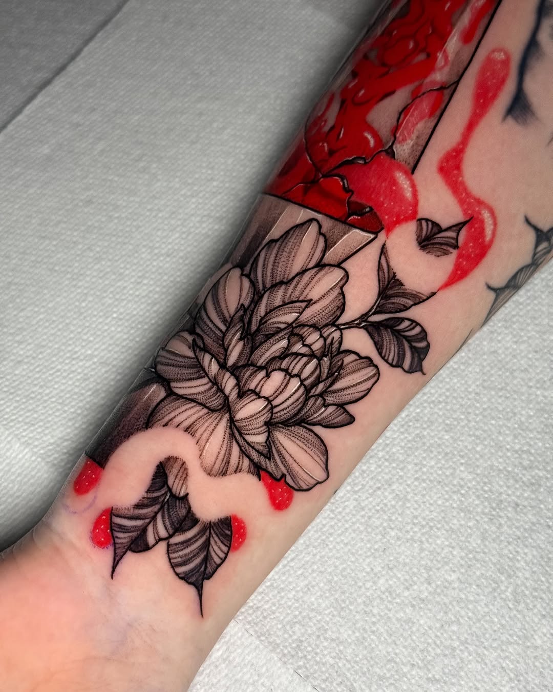Tattoo by @doomedtattoo — black_and_grey, trash_polka