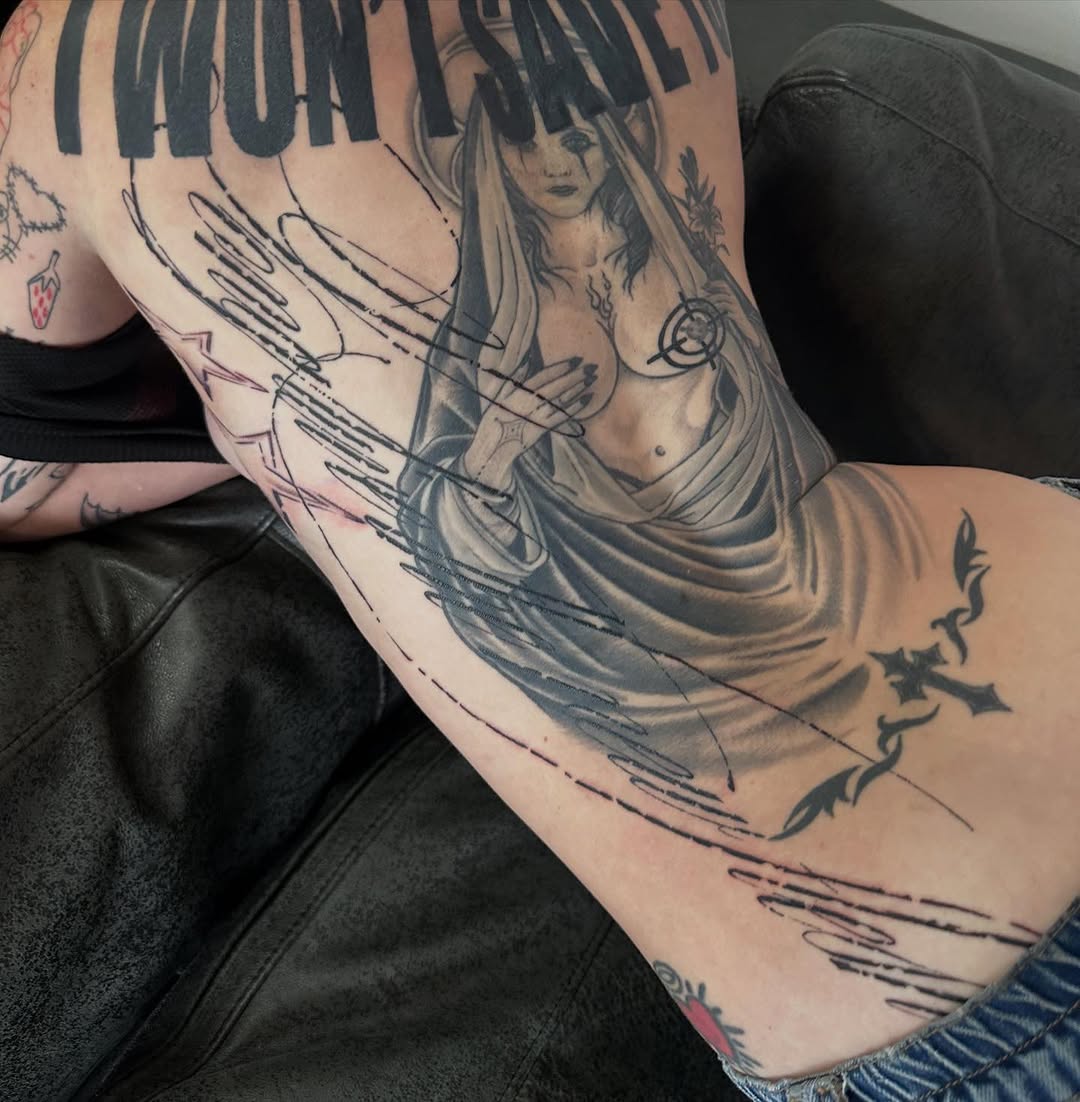 Tattoo by @good.boi.ink — black_and_grey, trash_polka