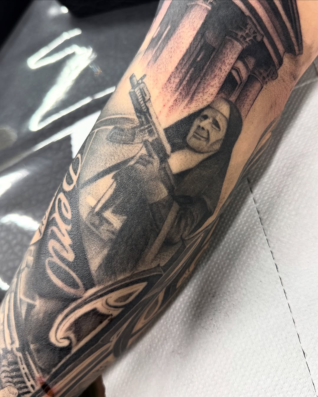 Tattoo by @dopeletterstattoo — black_and_grey, realism