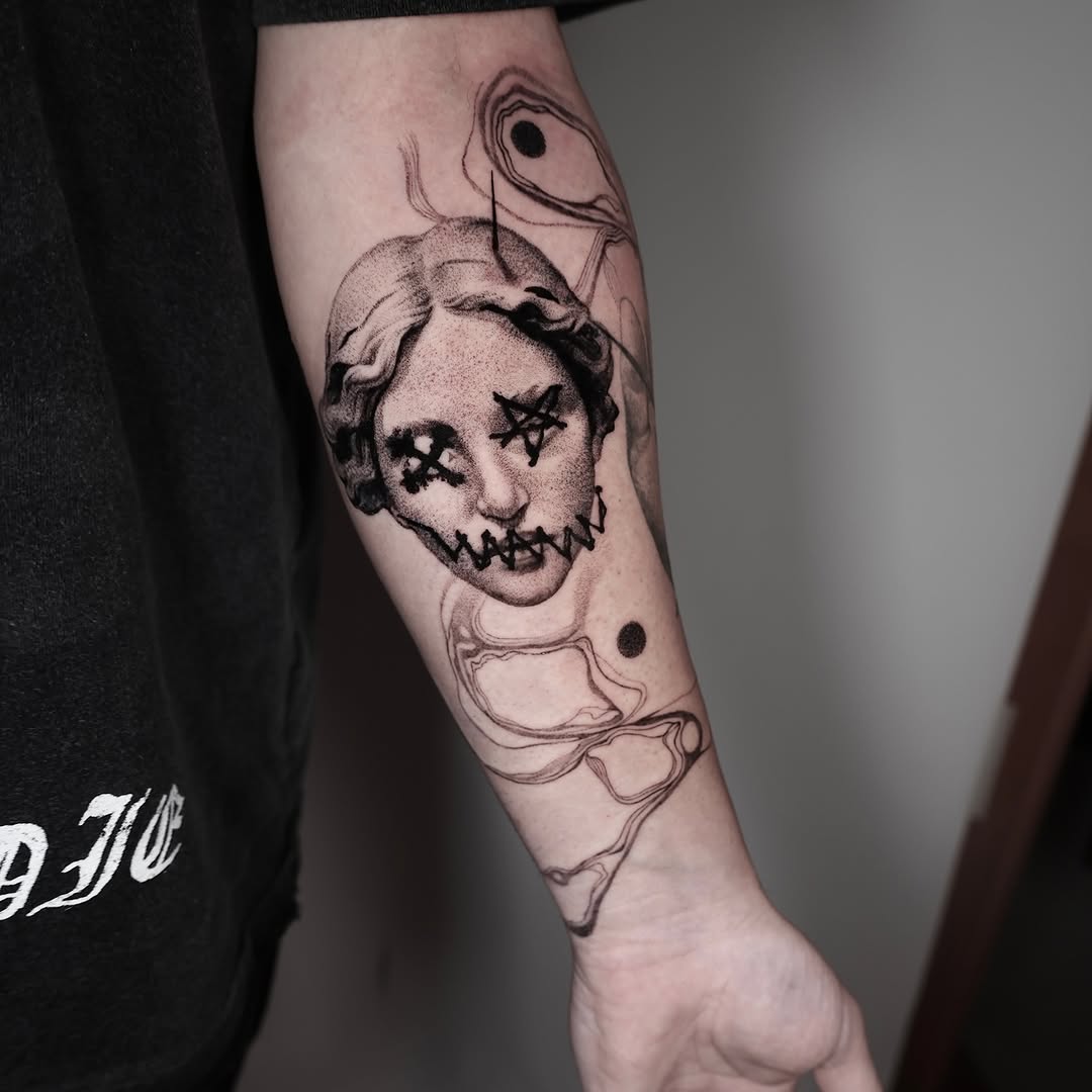 Tattoo by @horror_tattoo — blackwork, illustrative