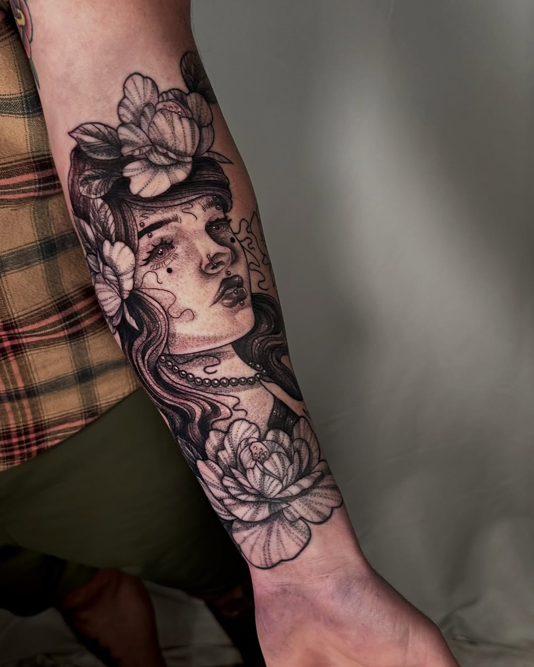 Tattoo by @bumbleknee_tattoos — black_and_grey, chicano