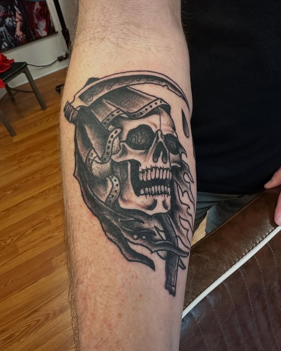 Tattoo by @tattooedwalnut — black_and_grey, dark_realism