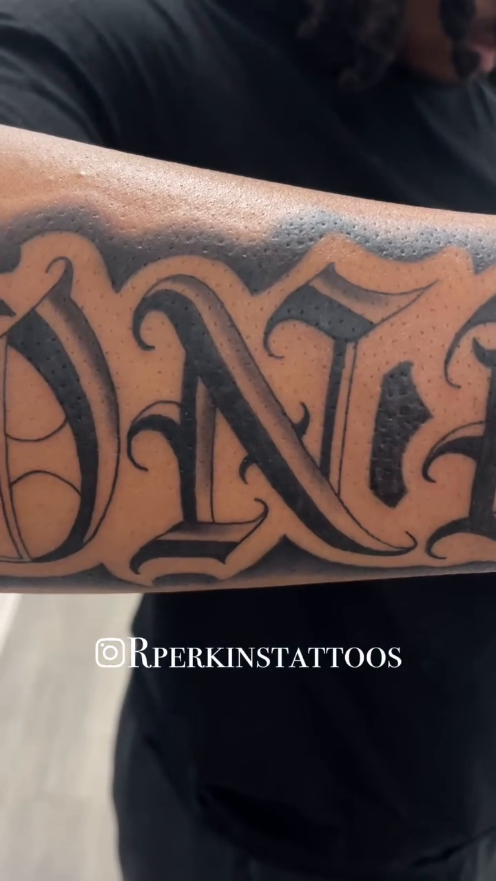 Tattoo by @rperkinstattoos — lettering_script, black_and_grey