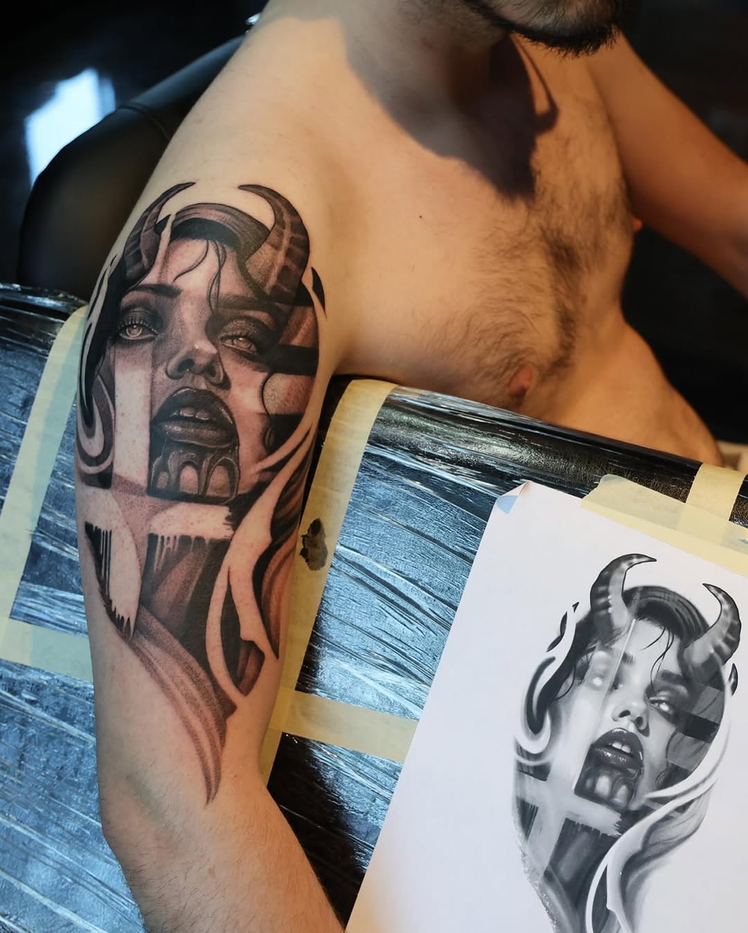 Tattoo by @machomandisavage — black_and_grey, illustrative