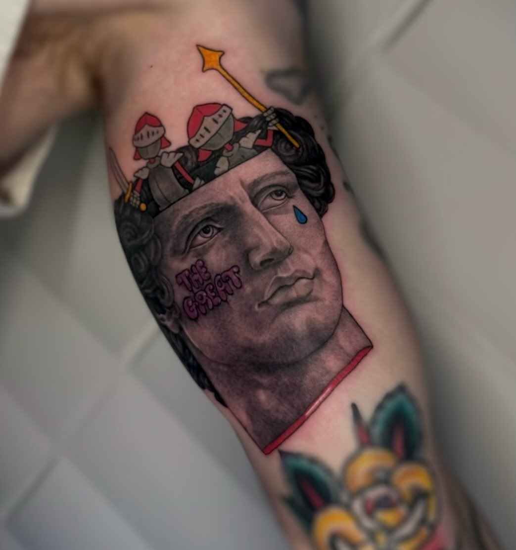 Tattoo by @peach.boa — black_and_grey, new_school