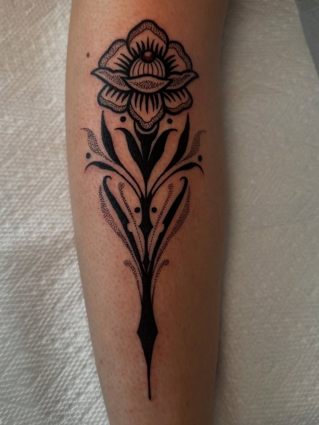 Tattoo by @hotdonnatattoos — dotwork, ornamental